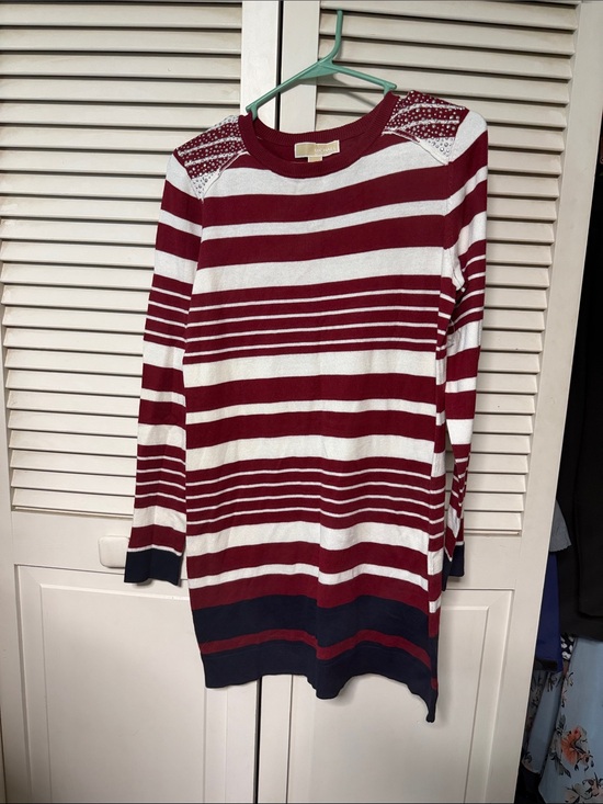 Michael Kors Sweaters - Michael Kors Burgundy, White & Navy Striped Crewneck Sweater Dress